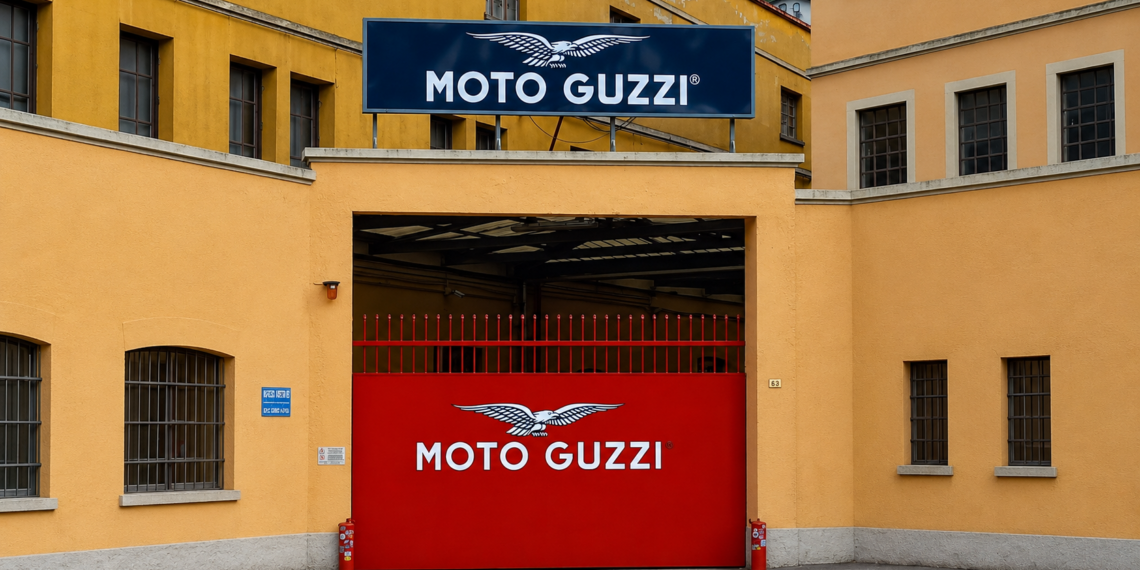 Ingresso storico dello stabilimento Moto Guzzi a Mandello del Lario in vista delle GMG 2026