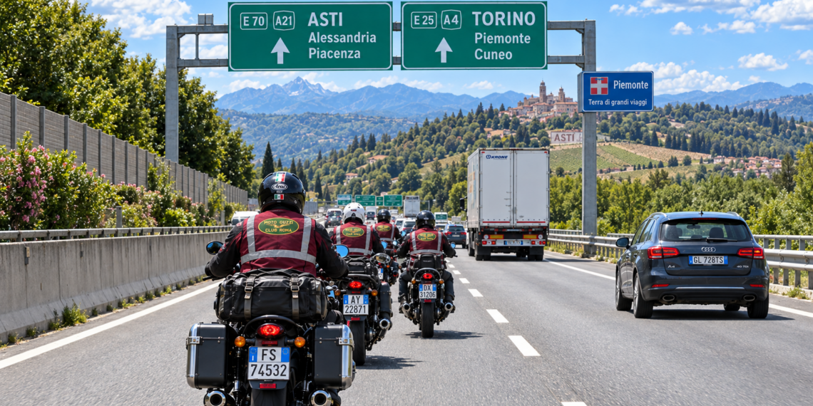 Sei motociclisti del Moto Guzzi Club Roma in viaggio verso Asti per il Trofeo delle Regioni FMI 2026