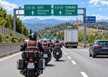 Sei motociclisti del Moto Guzzi Club Roma in viaggio verso Asti per il Trofeo delle Regioni FMI 2026