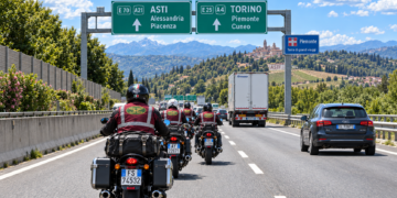Sei motociclisti del Moto Guzzi Club Roma in viaggio verso Asti per il Trofeo delle Regioni FMI 2026